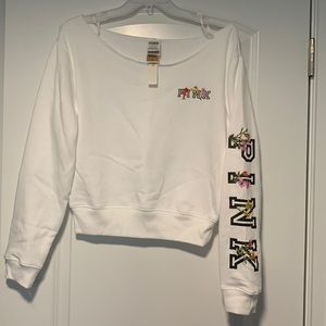 NWT VS Pink embroidered off the shoulder sweatshirt white size small